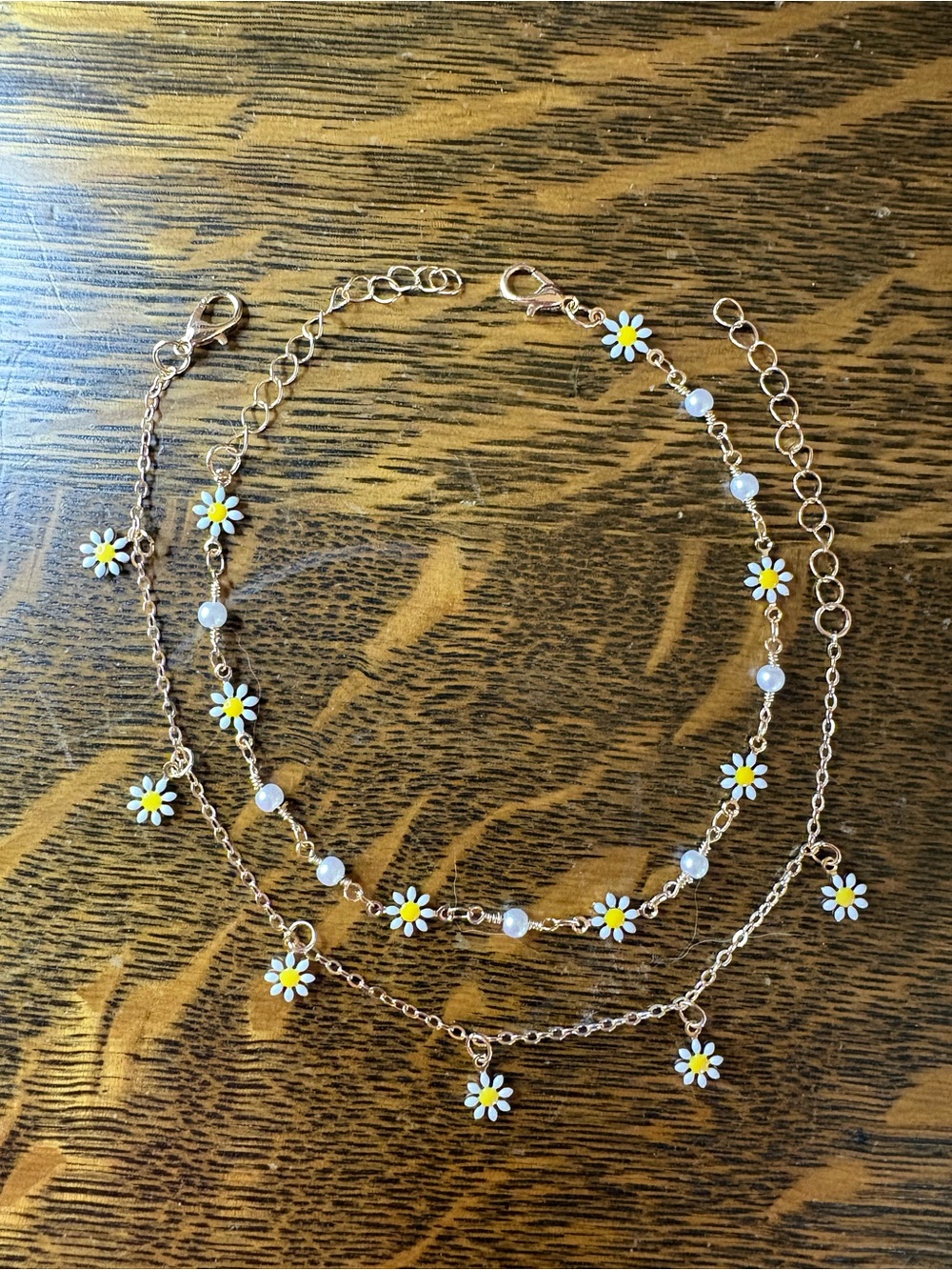 Gold Daisy Two Piece Ankle Bracelet Layered White and Yellow Enamel Daisies - Picture 2 of 4